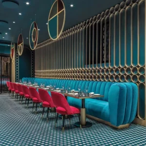 Velvet Restaurant Booth Seating with Dining Table and Banquette Sofa Set for Hotel, Cafe, or Bar