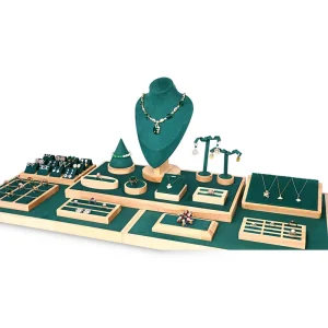 Velvet and Wood Ring and Earring Display Tray and Stand Set