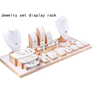 Versatile Multi functional Wooden Jewelry White Leather Necklaces Rings Earrings Display Set for Shop