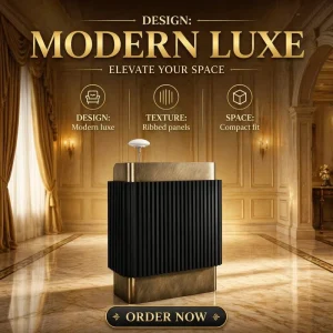 Vertical Fluted Wood Reception Counter with Gold Stainless Steel Frame Small Size for Restaurant Hotel