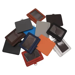 Vertical PU Leather Business Card Holder with Retractable Lanyard for Employee ID and Credit Cards
