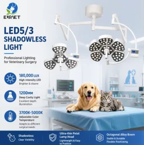 Veterinary Equipment LED 5/3 Double-Head Surgical Light 180,000 Lux 1200 mm Depth Shadowless LED Lamp