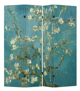 Vincent Van Gogh’s Almond Blossoms 4 Panel Original Teal Color Wood Folding Screen Decorative Privacy Partition Room Divider