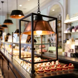 Vintage Bakery Display Counter with Dark Wood, LED Lighting, Waterproof Glass, and Tiered Storage Racks