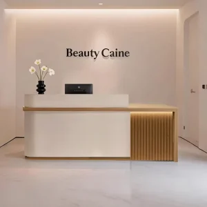 Wabi Sabi Two-Layer Natural Wood Reception Counter with Vertical Slat Cabinet for Skin Care Spa Clinic Lobby