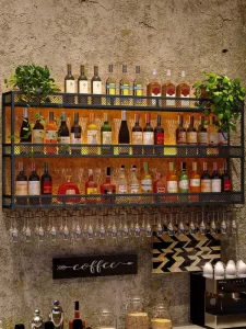 Wall-Mounted Wine Cabinet and Storage Shelf with Wine Glass and Inverted Highball Glass Racks