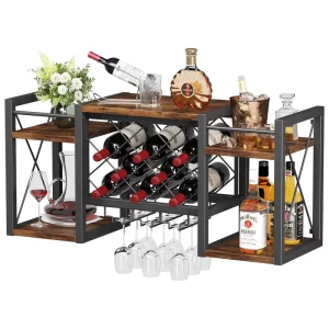Wall-Mounted Wood and Metal Wine Rack with Glass Holder and Bottle Display Storage