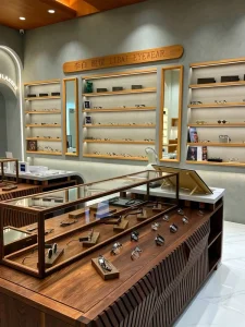 Wall Mounted Wooden Eyewear Display Stand with LED Lighting Heavy Duty Eco Friendly Customizable Dimensions for Retail Use