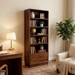 Walnut Solid Wood 5-Tier Storage Display Shelf and Bookshelf for Home or Office