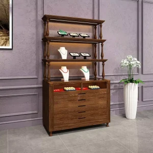 Walnut Wooden Jewelry and Watch Display Stand with Glass Back