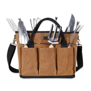 Waxed Canvas Garden Tool Storage Tote Bag with 8 Side Pockets