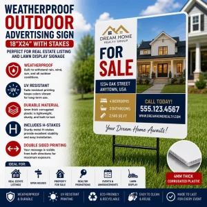 Weatherproof Outdoor Advertising Stand Banner 18×24 with Stakes for Real Estate Listings and Lawn Displays