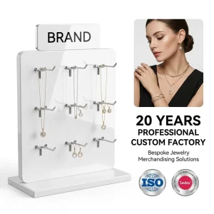 White Acrylic Jewelry Display Stand with Metal Hooks for Necklaces and Earrings
