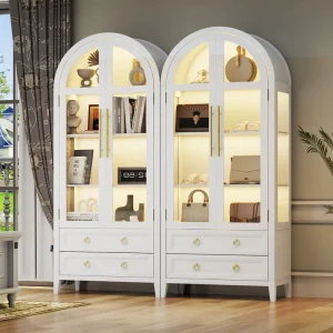 White Arched Glass Display Cabinet with LED Lighting and Gold Handle DR336