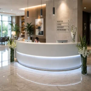 White Curved Solid Surface Reception Counter with Custom Logo