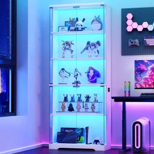 White Glass Action Figure Display Case with LED Lighting, Lock, and 5 Tiers