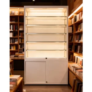 White Glass Cigarette Display Shelves, Wooden Cabinet with Drawers