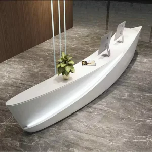 White Glossy Curved Reception Desk Counter for Hotels Beauty Salons and Corporate Offices