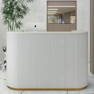 White Glossy LED Extendable Reception Counter MDF Wood Custom Design for Beauty Salon Mall or Hotel