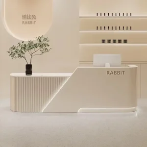 White Hotel Reception Desk with Solid Surface Counter and Logo Customization