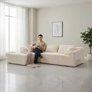White Modular L Shape Sectional Sofa with Deep Seat Modular Boneless Thick Fabric Modern Design for Bedroom