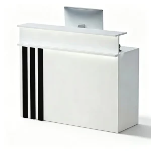 White Reception Counter with Black Vertical Stripes and Layered Lighted Front Panel for Retail Stores