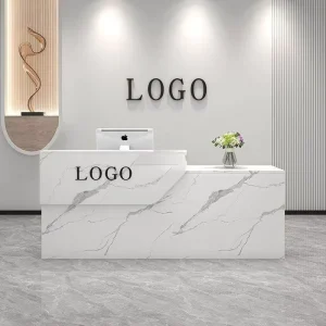 White Sintered Stone Reception Desk with Sloped Step Front Counter for Office Beauty Salon