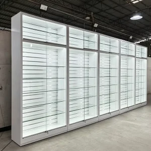 White Tempered Glass Display Cabinet with Lighting and Multi-Tier Shelves for Figurines and Cosmetics