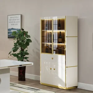 White Wooden Glass-Door Wine Cabinet with Storage Rack for Home and Living Rooms