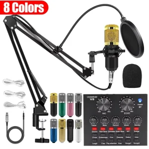 Wired BM800 Professional Cardioid Condenser Microphone Kit +V8 Sound Card Scissor Arm Shock Mount Pop Filter LED Audio for