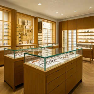Wood Grain LED-Lit Eyewear Retail Display Cabinet