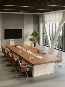 Wood-Grain Office Conference and Negotiation Table with Leather Chair Set