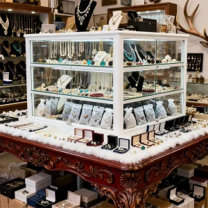 Wood Stainless Steel High End Luxury Gold Vitrine Jewelry Display Cabinet LED Lighting Customizable for Jewelry Shop Boutique