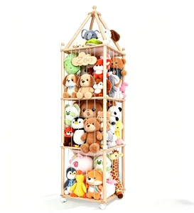 Wood Stuffed Animal Storage Organizer 3-Tier Large Capacity Toy Holder with Wheels