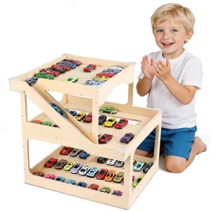 Wooden 3-Level Toy Car Display Case with Parking Garage Ramp, Storage for 50 Cars, 16.5 x 15.4 x 16.7 Inches