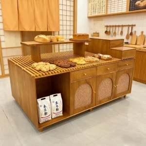 Wooden Bakery Display Racks with Customizable Colors and Logos for Pastry Shops