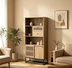 Wooden Bookcase Furniture Display Shelf with Metal Legs for Living Room Home or Office