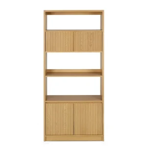 Wooden Bookcase Storage Cabinet with Fluted Ribbed Doors for Living Room or Home Office
