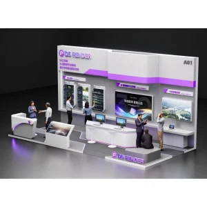 Wooden Booth Design with Suspended Ceiling and Truss Structure for Exhibitions