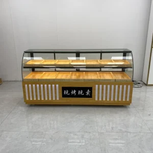 Wooden Bread Display Cabinet with Curved Tempered Glass Bakery Showcase