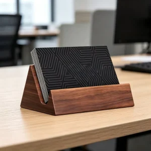 Wooden Business Card Holder Desk Organizer Mountain Design Non-Slip Base
