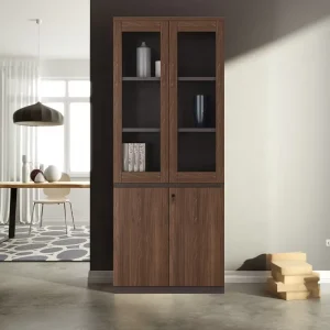 Wooden Display Bookcase and Filing Cabinet With Glass Doors and Storage Space
