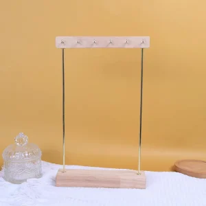 Wooden Display Stand with 6 Golden Metal Hooks Desktop Storage Rack