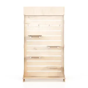 Wooden Floor Display Stand with Shelves and Hooks for Exhibitions