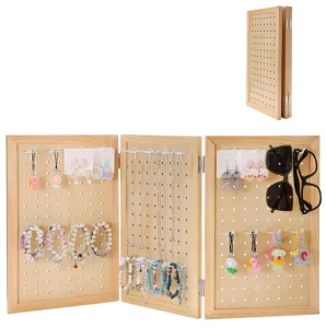 Wooden Foldable Portable 3-Panel Pegboard Jewelry Display Organizer Countertop Rack