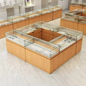 Wooden Jewelry Display Stand with Rotating LED Lights and Glass Back