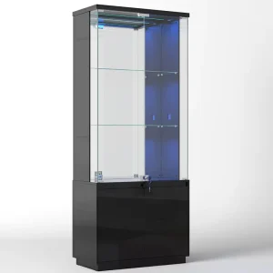 Wooden Living Room Display Cabinet with Doors and LED Lights, Industrial Modern Design