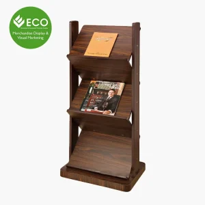 Wooden Magazine Display Rack for Hotel and Office 3 Tier Walnut Wood Literature Stand for Brochures