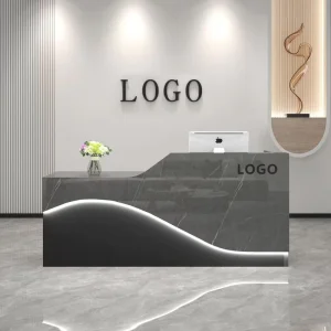 Wooden Marble Reception Desk Modern Minimalist Style with Customizable LED Strip