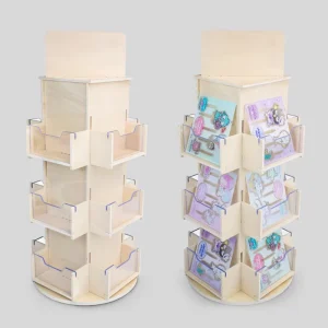Wooden Multi Pocket Product Organizer Display Rack Coaster Stickers 360 Degree Rotating Display Stand